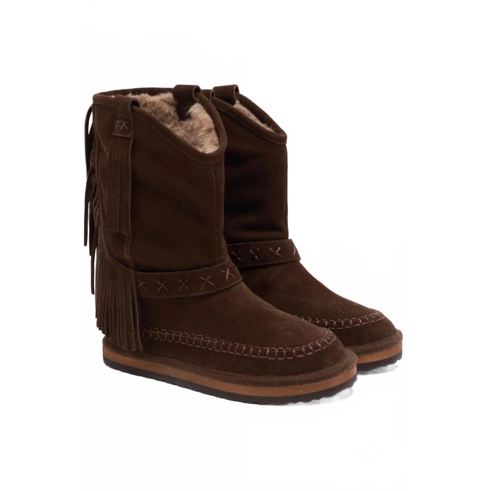 NEW FREE PEOPLE women's faye fringe pull on boots in chocolate suede